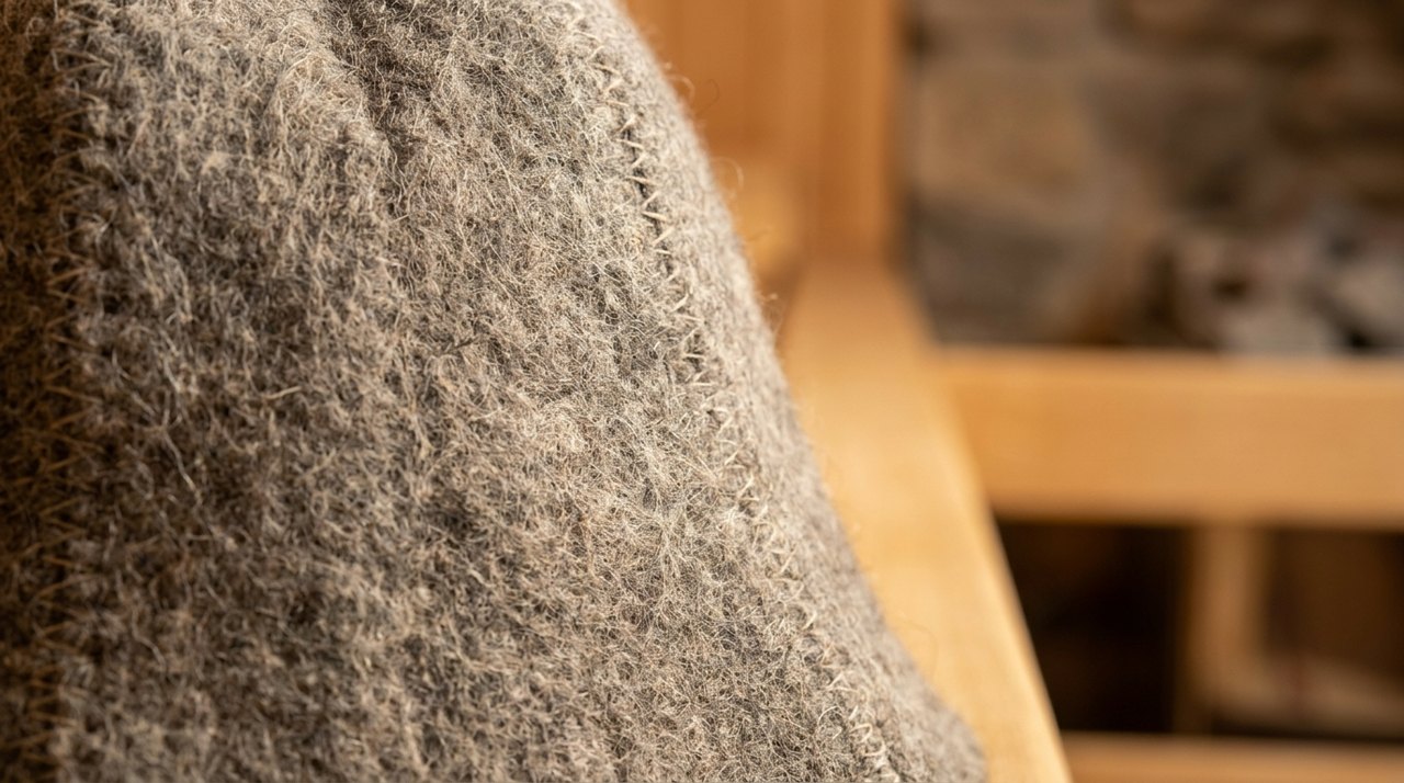 Wool sauna hat in a warm wooden sauna